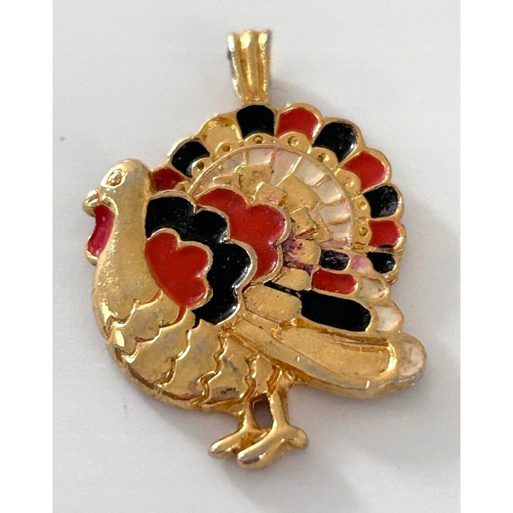 Vintage Gold Tone Enamel Turkey Pendent Thanksgiving Costume Jewelry